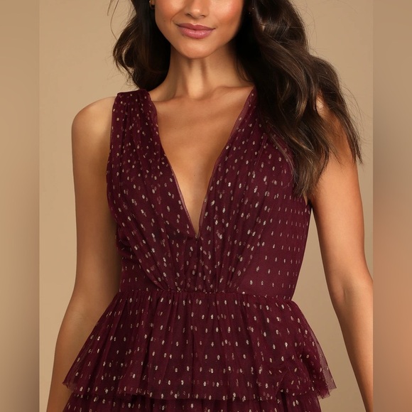 Lulu’s Forever Sparkling Burgundy Dotted Mesh Tiered Mini Dress - Picture 4 of 10